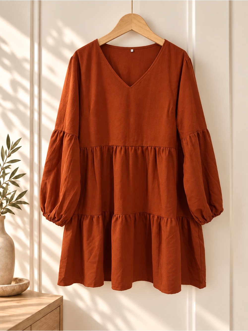 Women’s V-Neck Tiered Dress in Rust